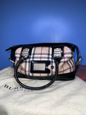 Burberry Beige Nova Check Satchel with Black Patent Trim